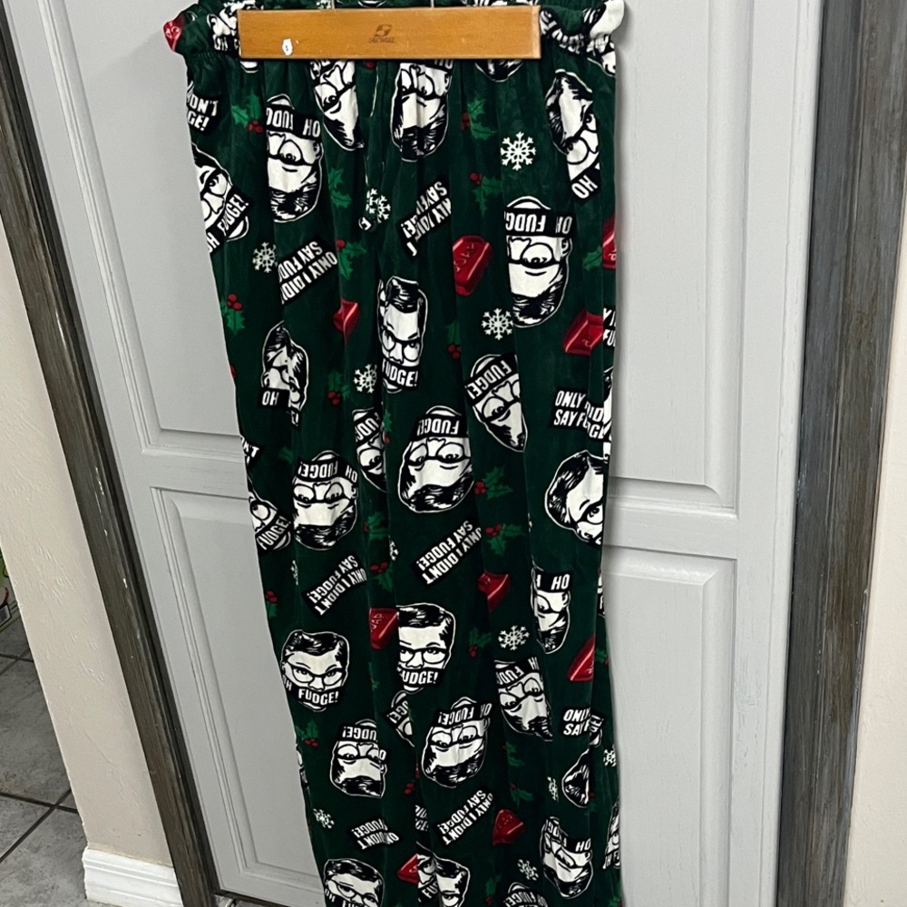 Green Holiday Pajama Pants with Graphic Print Christmas story oh fudge ,